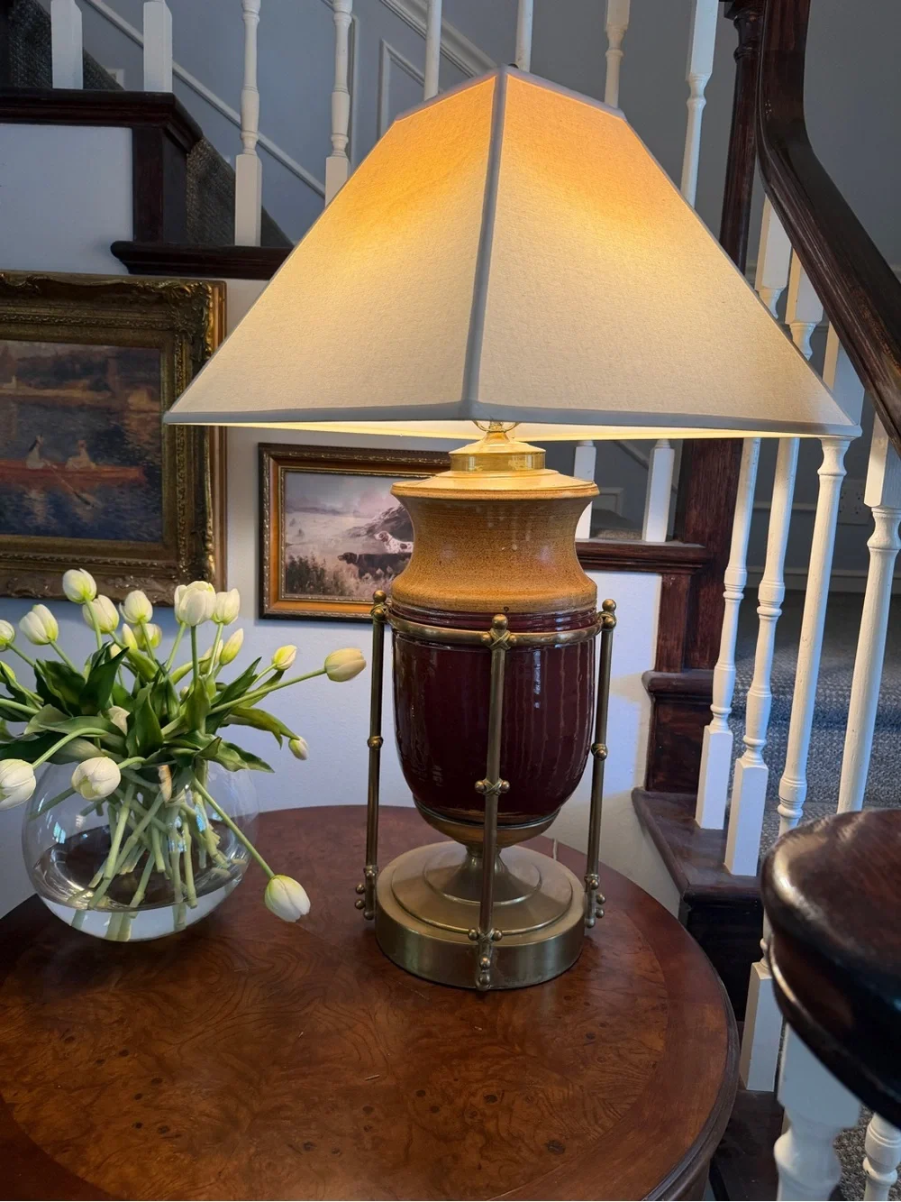 Vintage Mid Century Ceramic Brass Accent Table Lamp in Red and Tan by - Picture 9 of 12